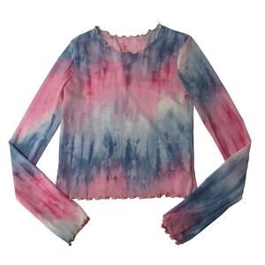 FE JUNE Pink Blue Tie Dye Sheer 2 Piece Set Flare Bottoms Lettuce Edge Top Large